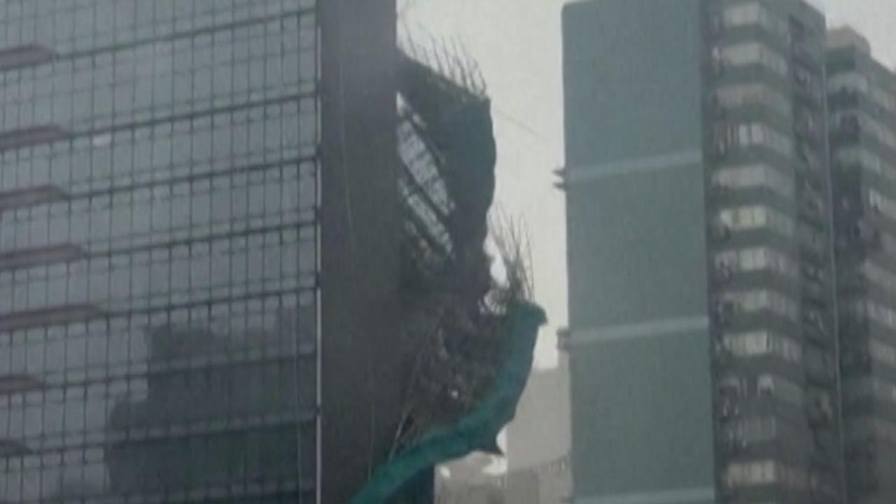 Watch: Scaffolding ripped from Hong Kong building as Typhoon Noul makes landfall